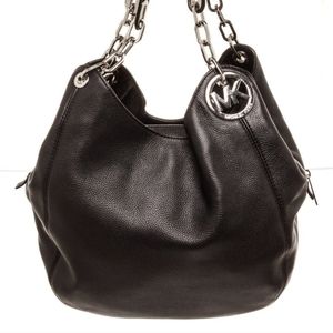 💜 Michael Kors Leather Fulton Shoulder Tote Bag (Black) w Silver Hardware 💜